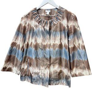 CHICO'S Womens Jacket XL (Chicos 3) Blue Tan Ikat Tie Dye Boho Artsy Blazer